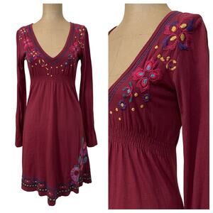 Johnny Was Tunic Floral Embroidered Maroon Cotton Jersey Empire Waist